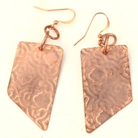 Minimal Moroccan Embossed Solid Copper Earrings Handmade Boho Gift Statement - Picture 2 of 4